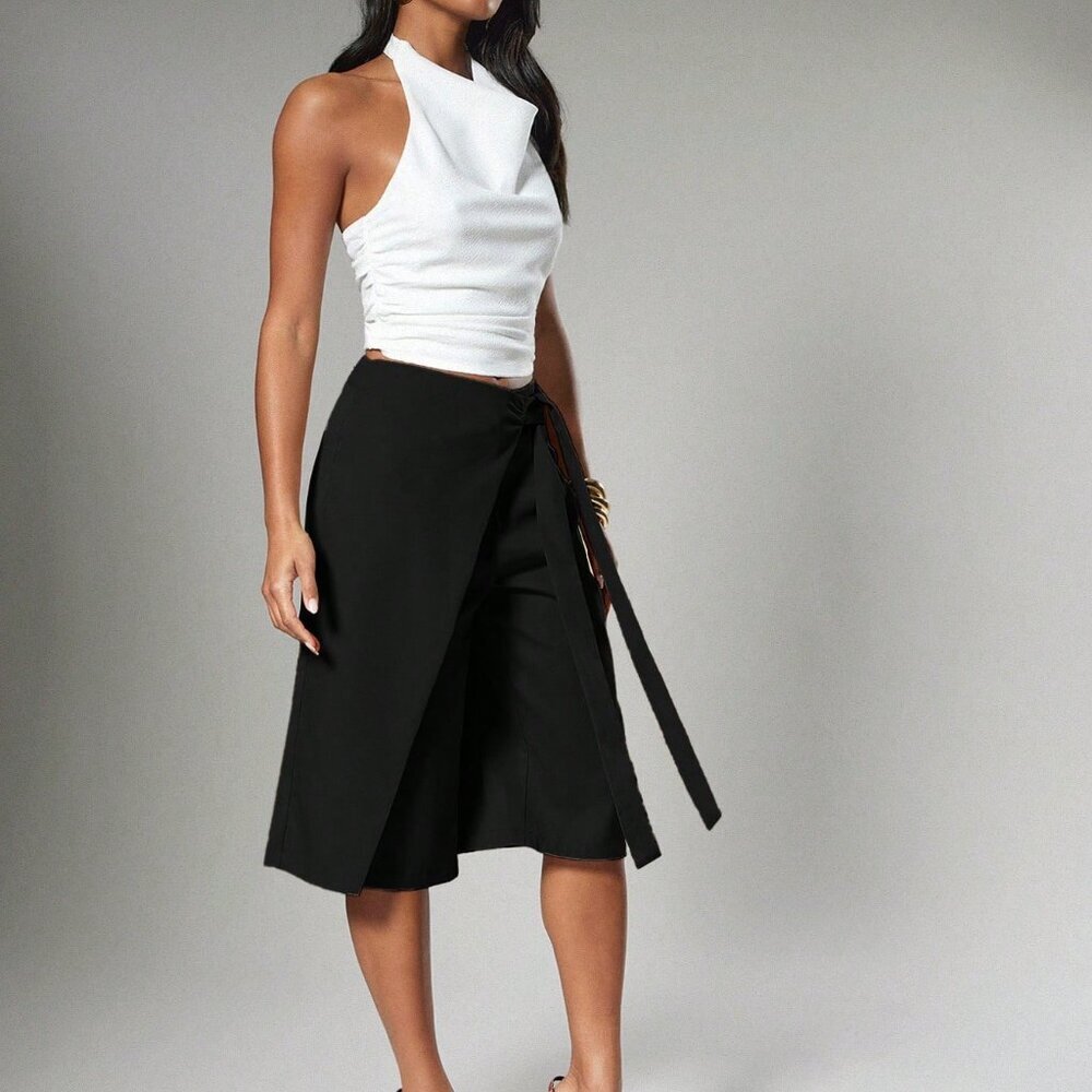 Black Casual Sexy Tailored Wrap Women's Wide Leg Bermuda Shorts with Tie Detail - Picture 5 of 5
